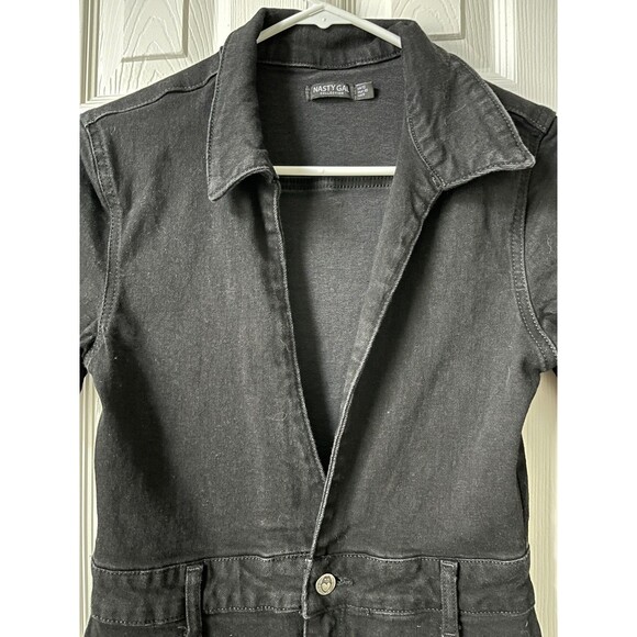 Nasty Gal Black Deep Plunging V Neck Denim Boilersuit Jumpsuit Edgy Grunge Sz 8 - Picture 4 of 15
